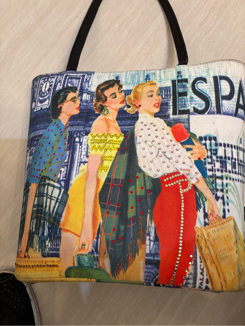 Colorful Vintage Illustration Canvas Tote Bag Made In USA With Rhinestone Accent